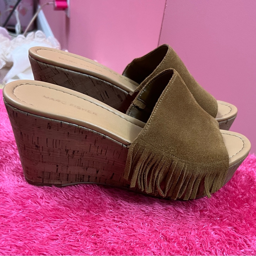 Marc Fisher Tan Suede Fringe Wedges